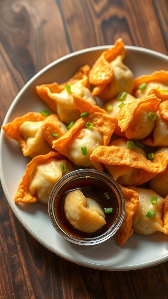 Crispy shrimp wontons on a plate with soy sauce, garnished with green onions.